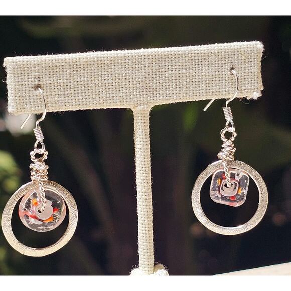 Abstract Multi Glass SP Dangle Metal Earrings - Picture 1 of 8